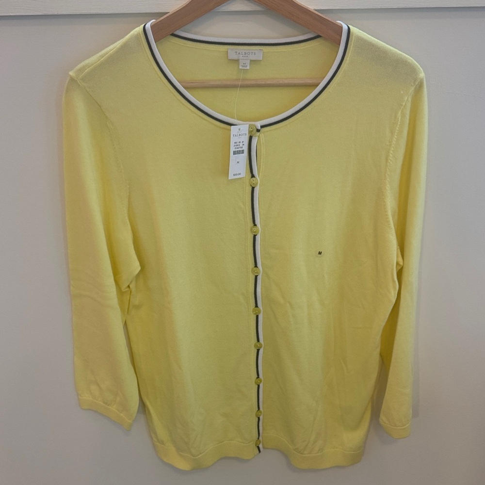 Talbots NWT Women’s Tipped Charming Yellow Cardigan  Black White Trim Size M